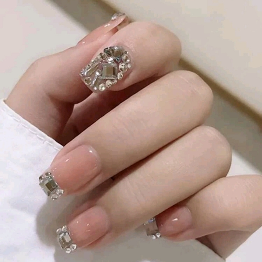 Short French Tips Righnstones Press On Nails